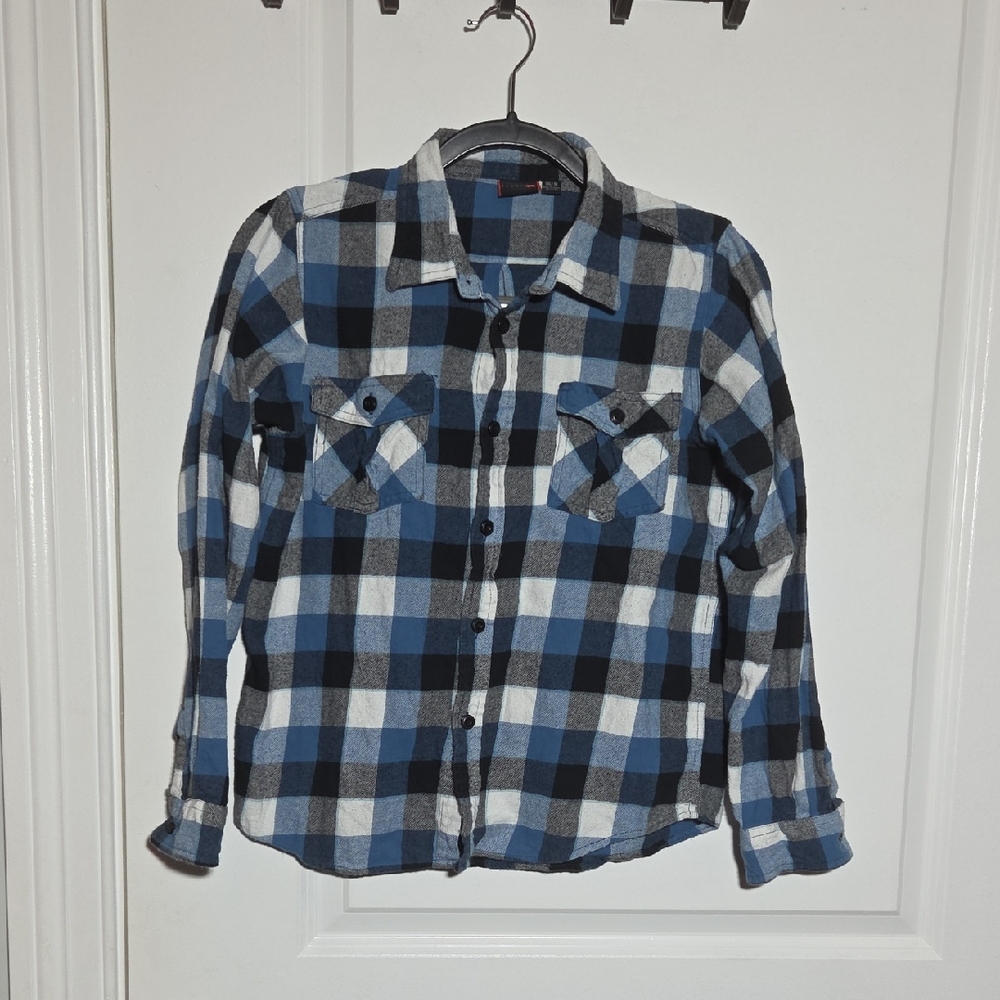 Classic Blue and Black Plaid Kids Button Down Shirt